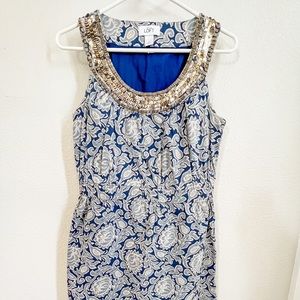 Loft Blue Floral Sleeveless Dress with Gold Sequins - Size 2